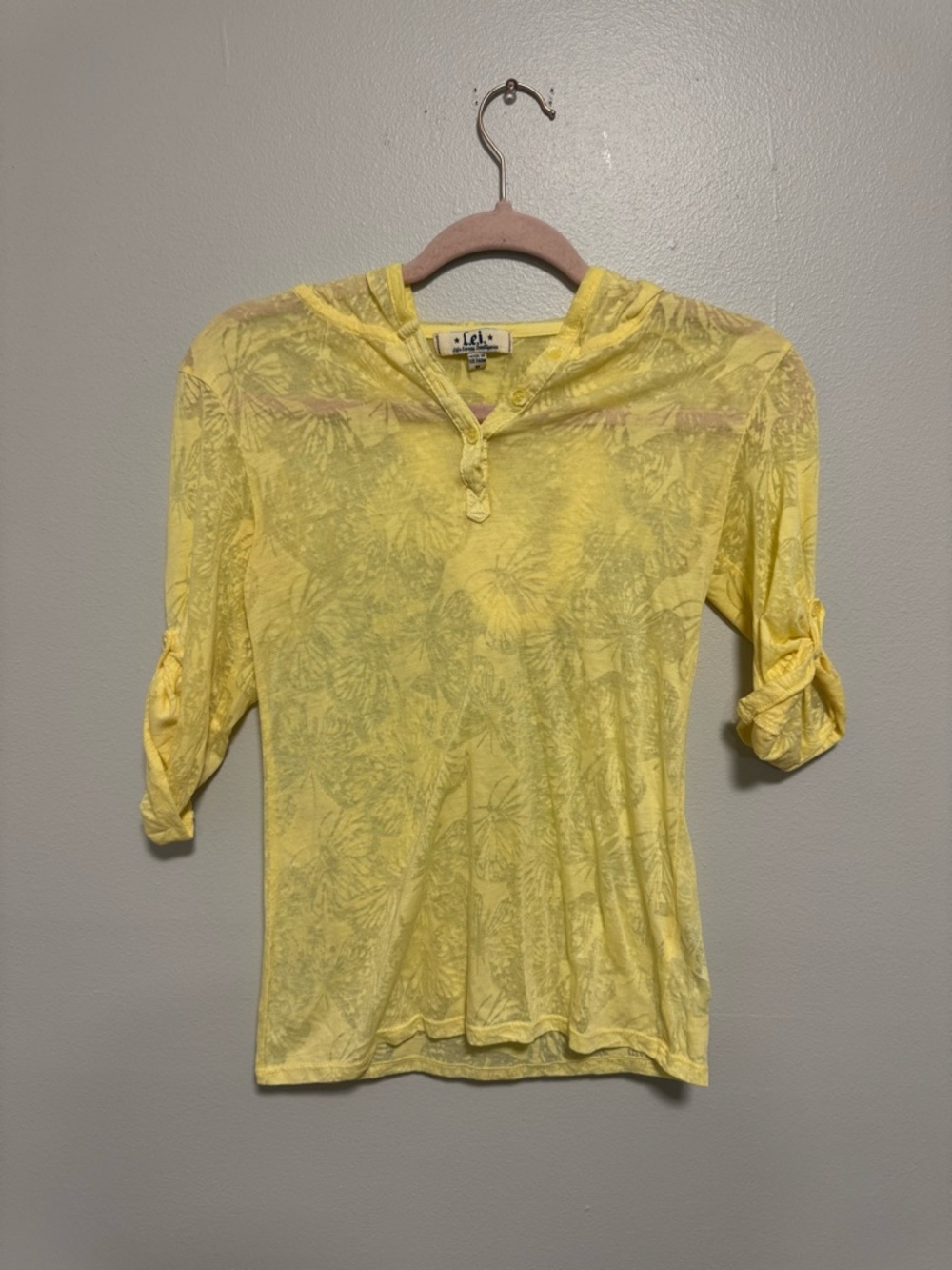 L.E.I Butter Yellow See Through Butterfly Floral Y2K Quarter Sleeve